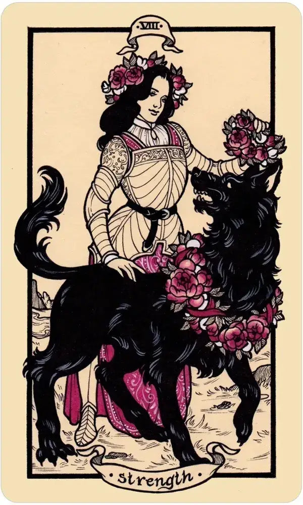 Tarot card featuring a woman with a black wolf, titled 'Strength'.