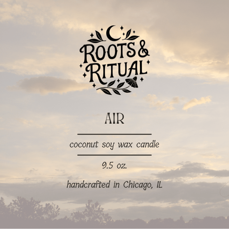 Roots & Ritual candle label with sunset background
