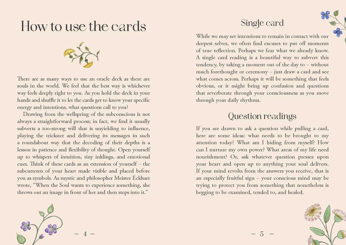 Instructions on using oracle cards with text and floral illustrations.