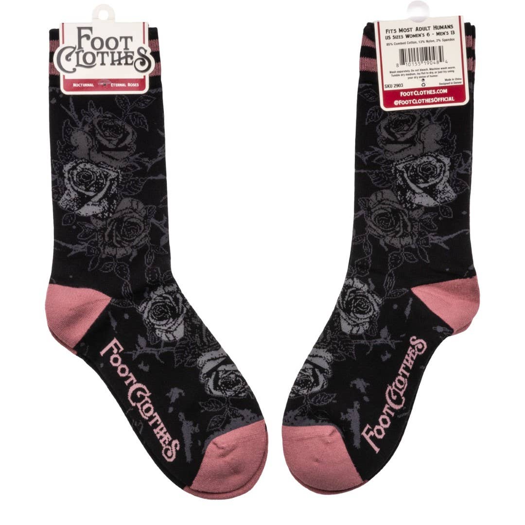 Black socks with pink toes and heels, featuring floral patterns, on a white background with 'Foot Clothes' branding.