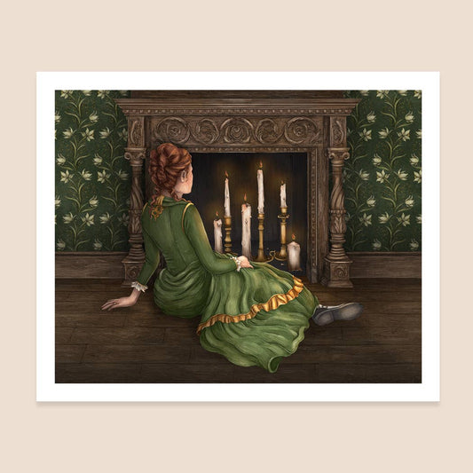 Woman in a green dress sitting by a fireplace with candles