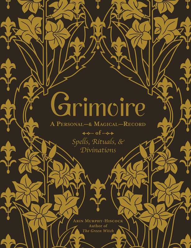 Book cover of 'Grimoire' with gold floral patterns on a black background