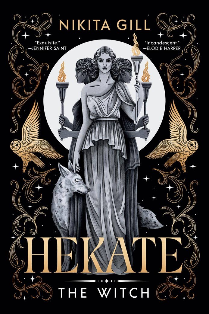 Book cover of 'Hekate the Witch' by Nikita Gill with a stylized illustration of Hekate, a Greek goddess, holding torches and surrounded by animals.