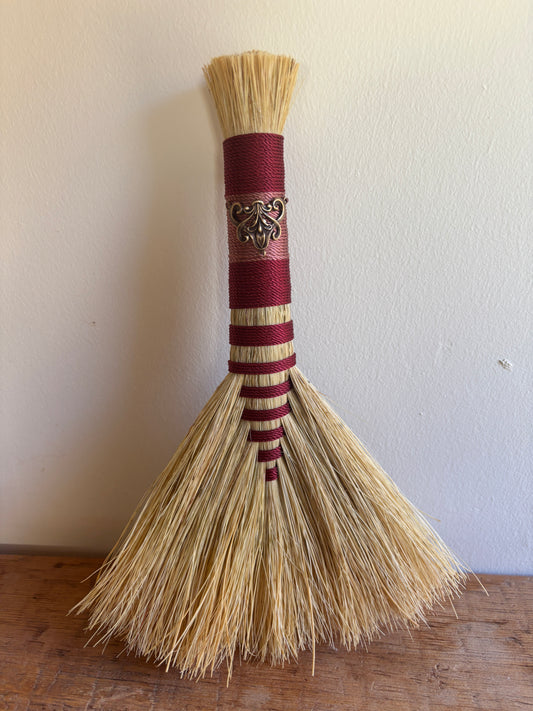Natural & Burgundy Handbroom w/ Rose Filigree