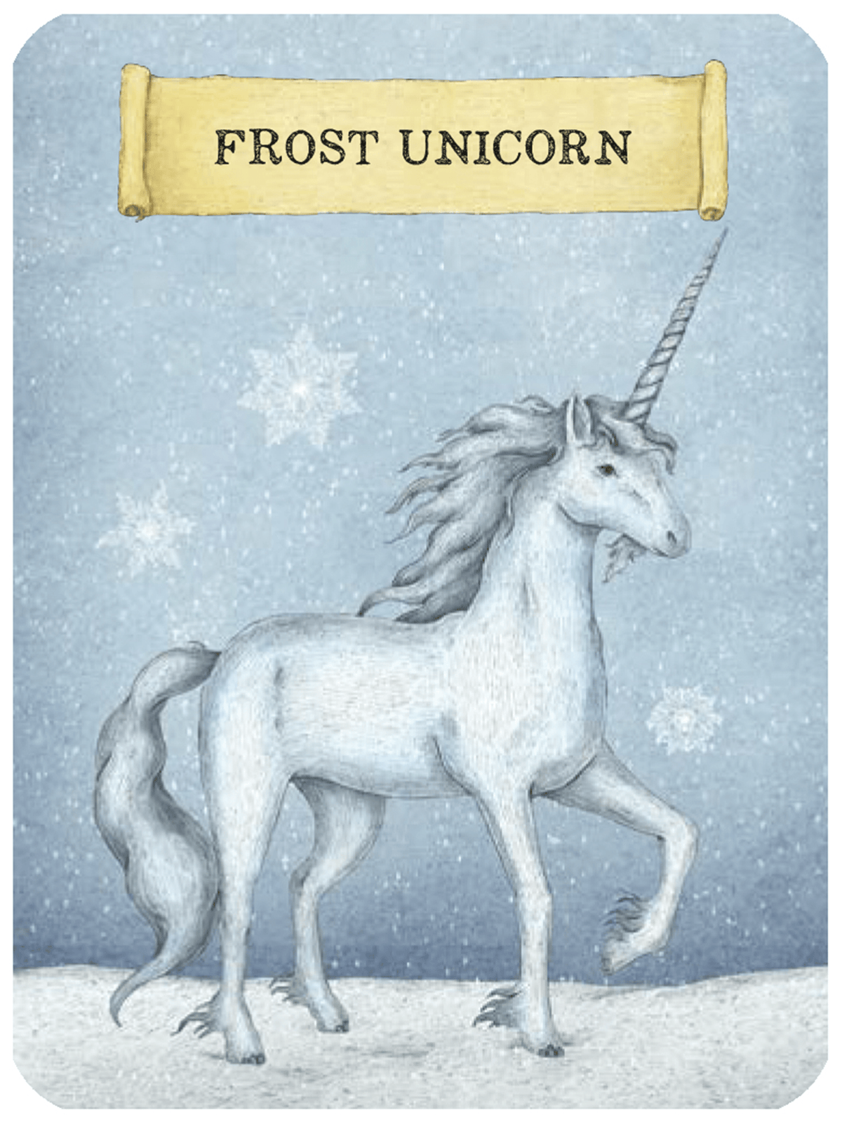 A fantasy art print or card featuring a white frosted unicorn standing in a snowy blue scene, with a parchment-style label at the top reading 'FROST UNICORN'.