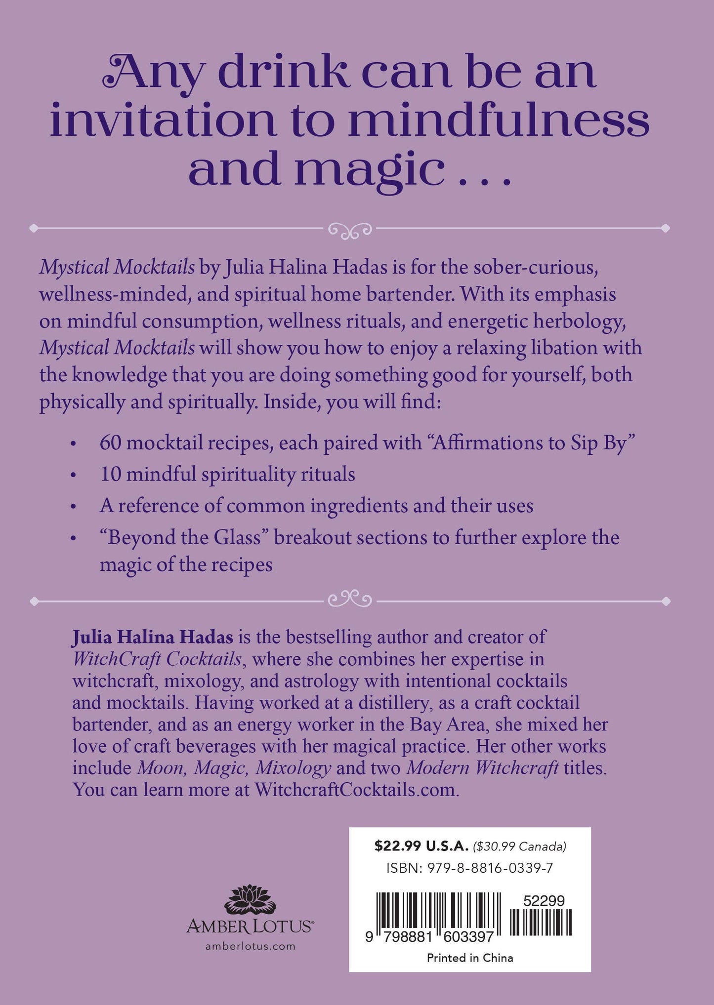 Back cover of a book titled 'Mystical Mocktails' by Julia Halina Hadas with text and a price tag.