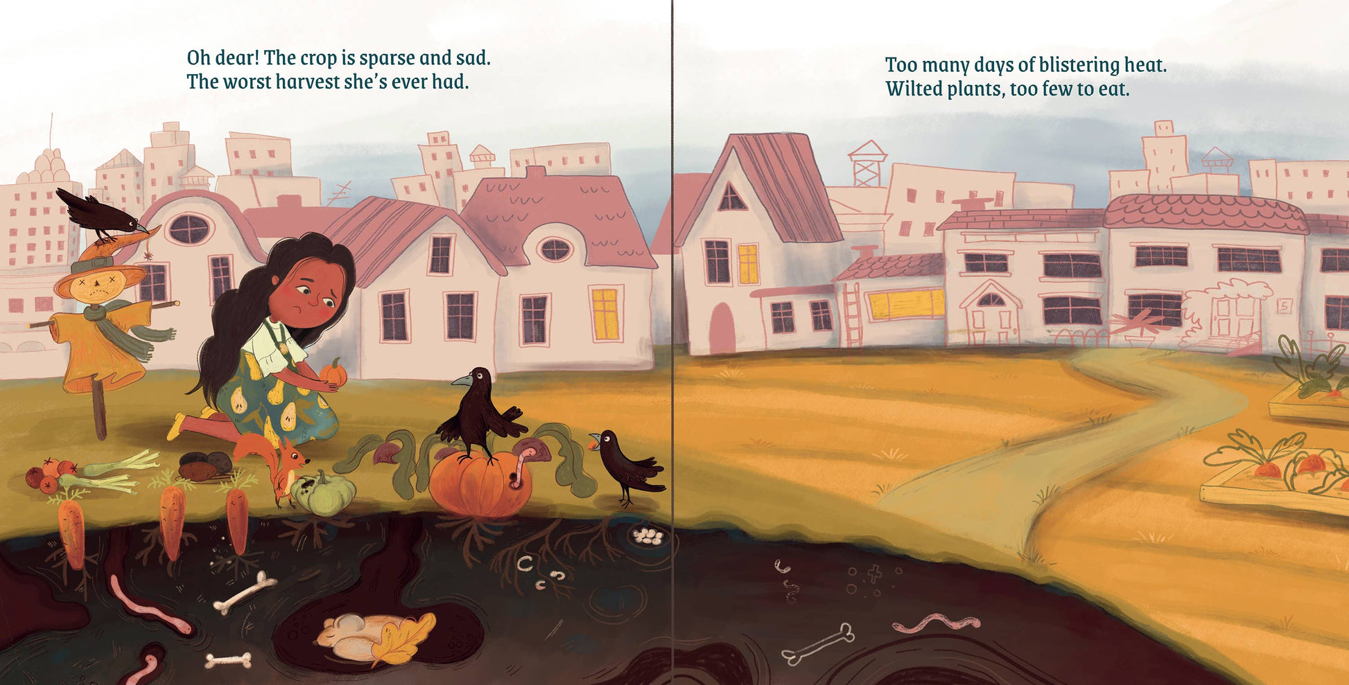 Illustrated book page with a girl and crows near a well, transitioning to a dry field.