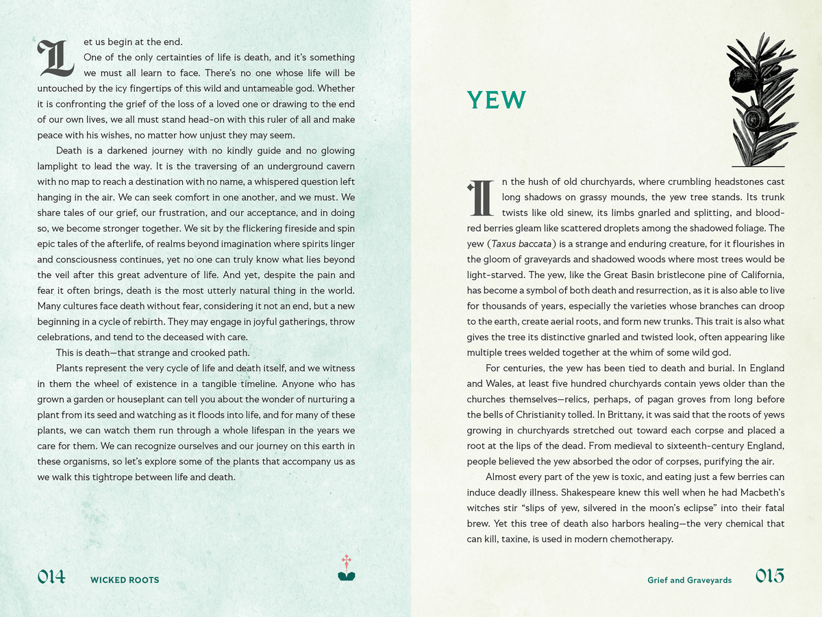 An open book spread showing two printed pages with dense black text on off-white paper, headed 'TOWARD AND AWAY' and 'YEW' respectively, with page numbers 014 and 015 at the bottom corners.