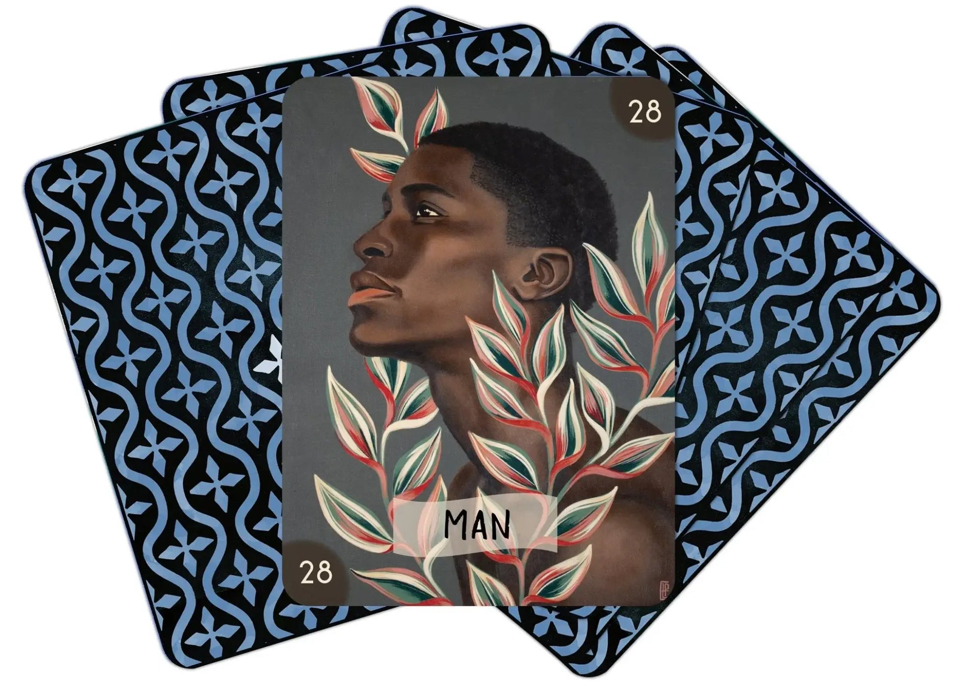 Card with a stylized illustration of a person with leaves and the word 'MAN' on a blue patterned card.