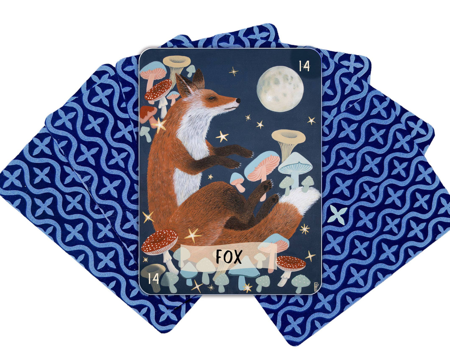 Card with a fox design on a blue patterned background