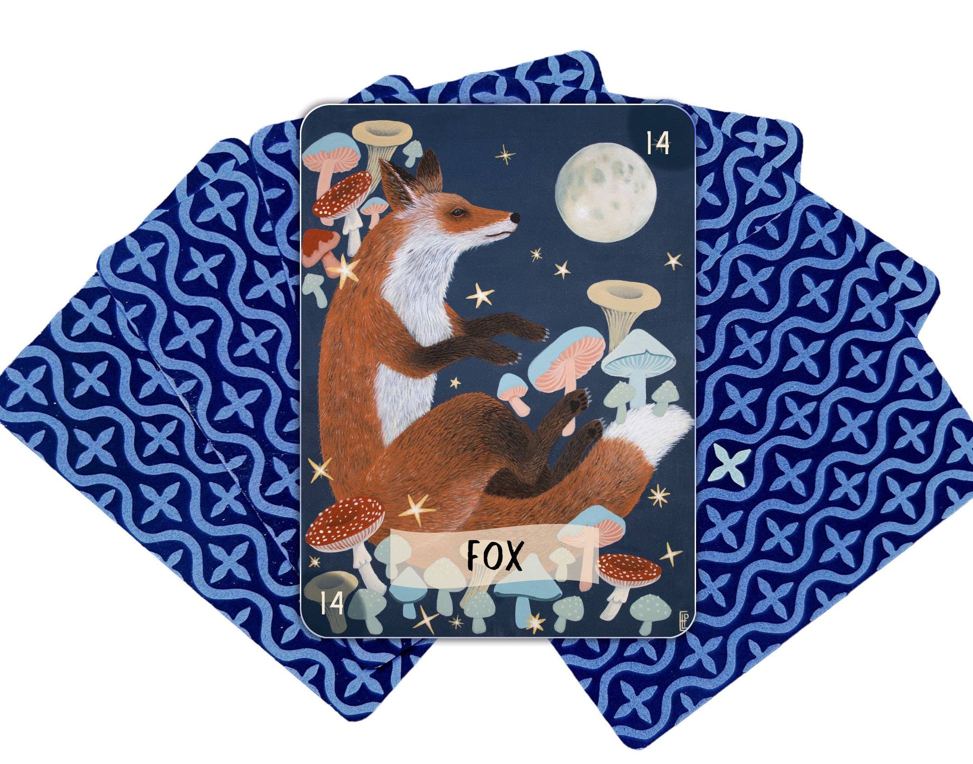 Card with a fox design on a blue patterned background
