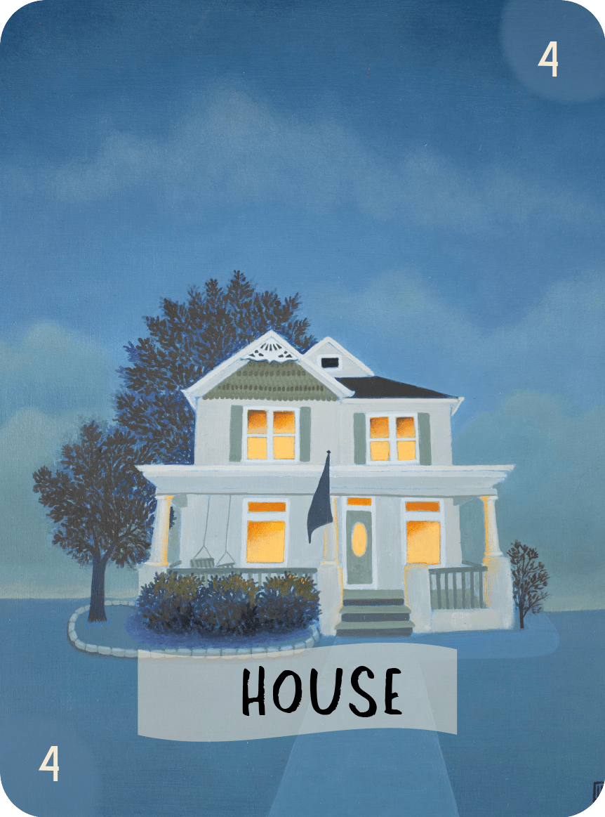 Illustration of a house with trees on a blue background, labeled 'HOUSE'.