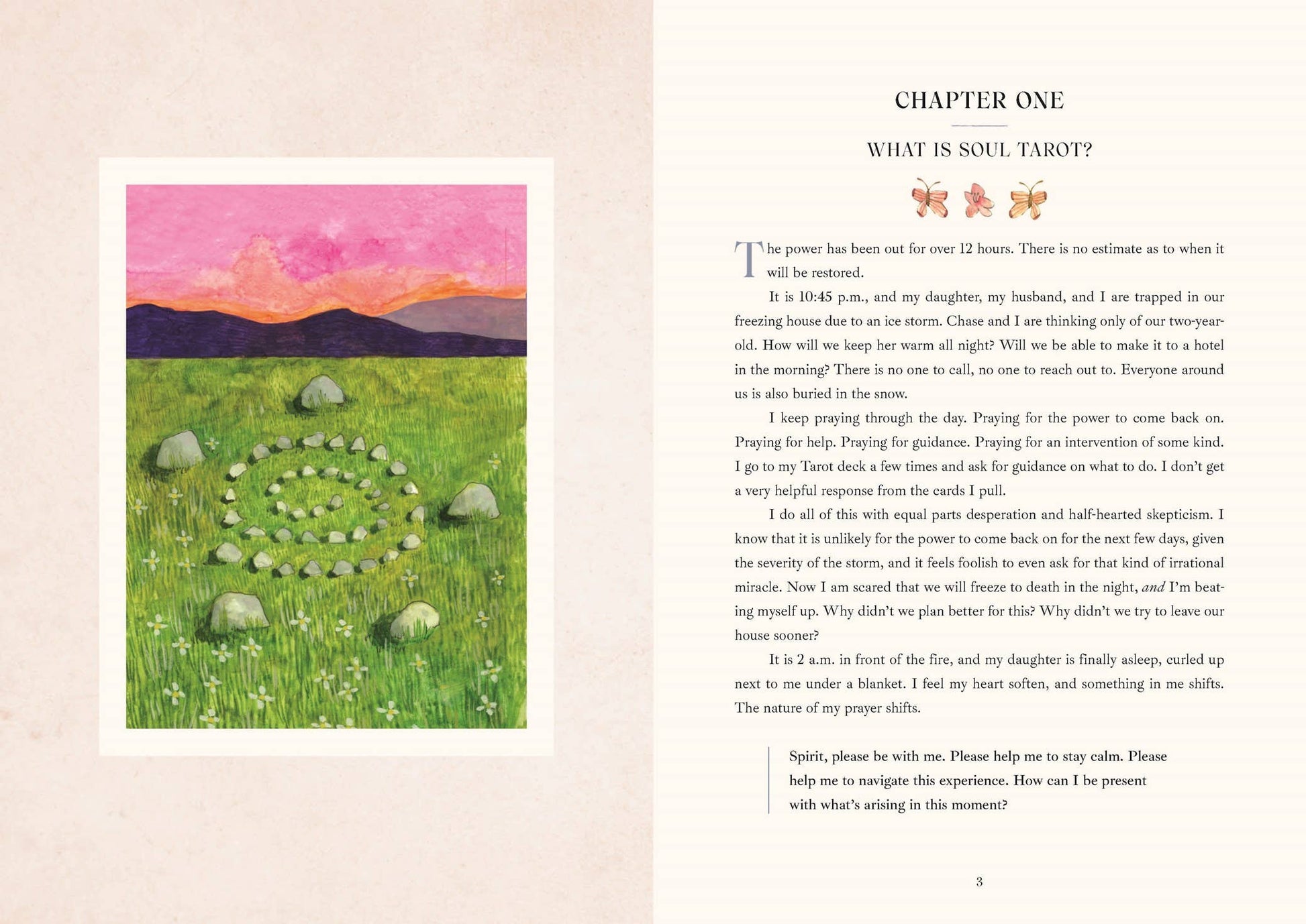 Book page with an illustration of a stone circle in a field and text on a pink background.