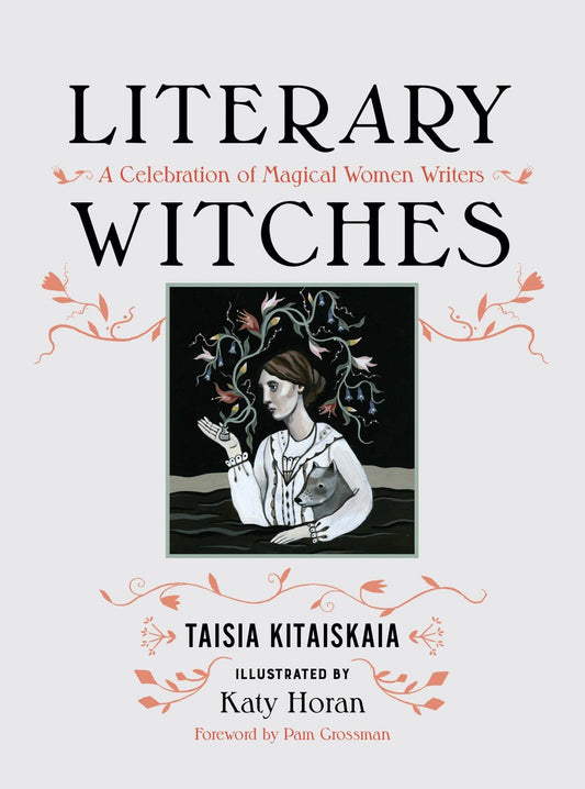 Book cover of 'Literary Witches' with a black and white illustration of a witch.