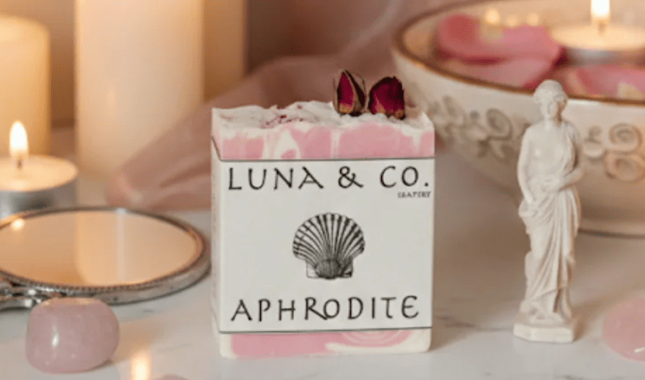 Luna & Co. Aphrodite soap bar with decorative elements on a soft background