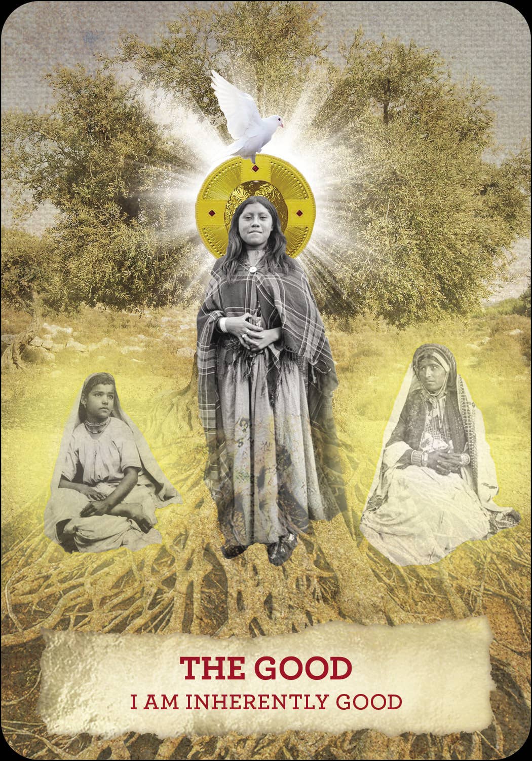Collage of a woman with a dove and text 'The Good I Am Inherently Good' on a textured background