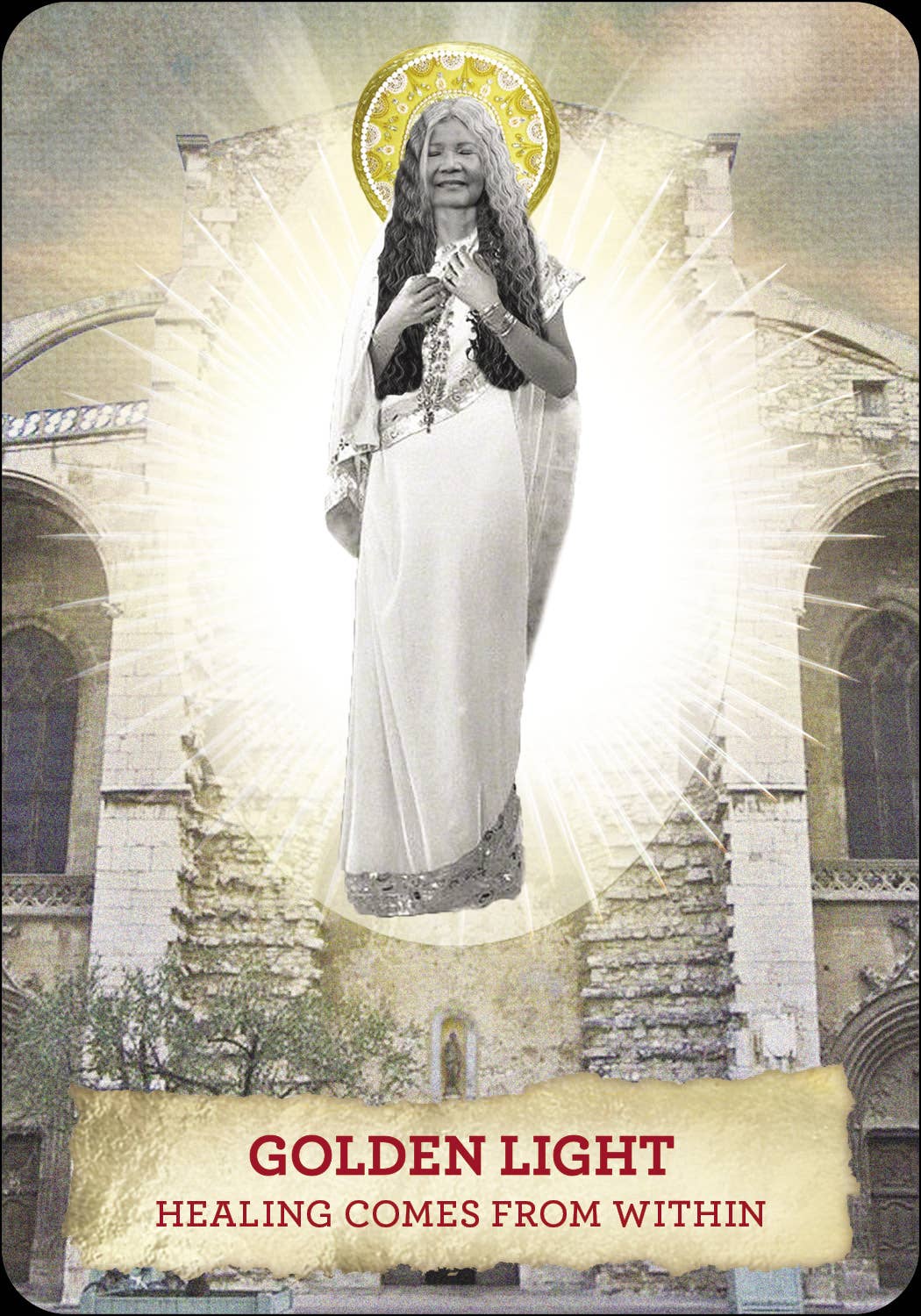 Person in a white robe with a yellow halo in front of a cathedral, with text 'Golden Light: Healing Comes from Within'.