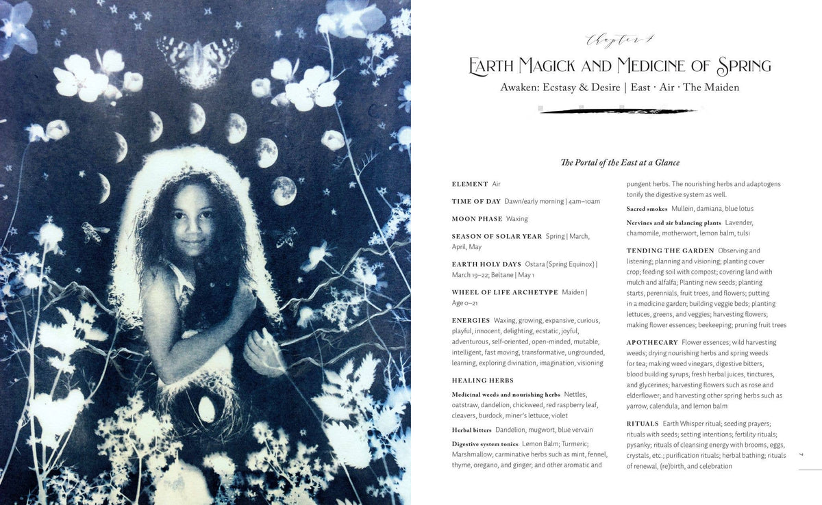 A printed booklet or book spread with a dark blue and white floral moon illustration on the left page and text titled 'Earth Magick and Medicine of Spring' on the right page.