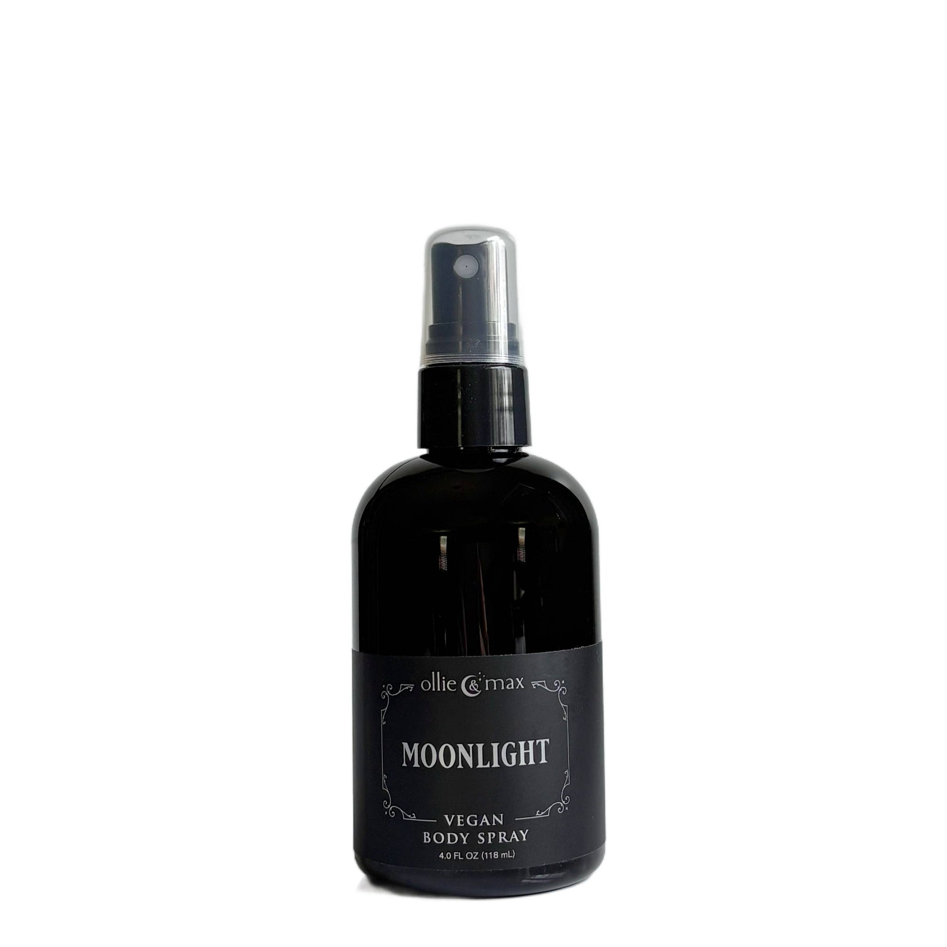 Black body spray bottle labeled 'Moonlight' on a white background