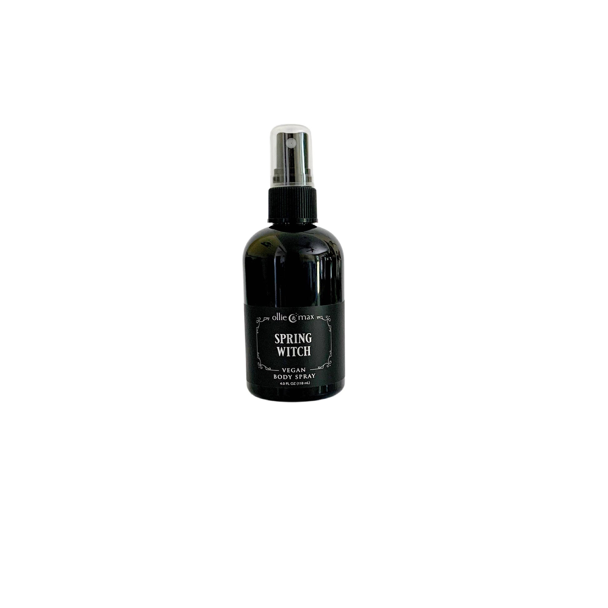 Black spray bottle labeled 'Spring Witch' on a white background