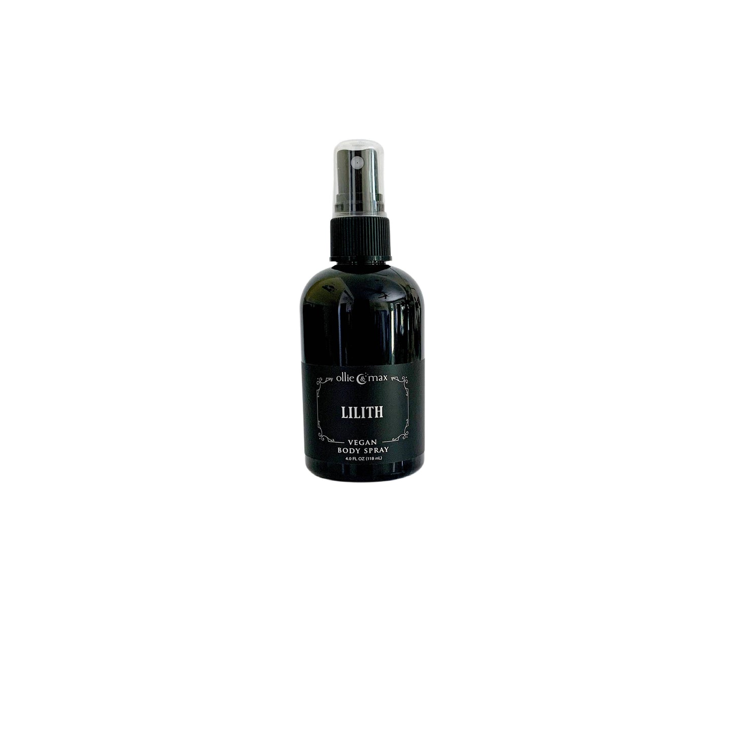 Black spray bottle labeled 'Lilith' on a white background