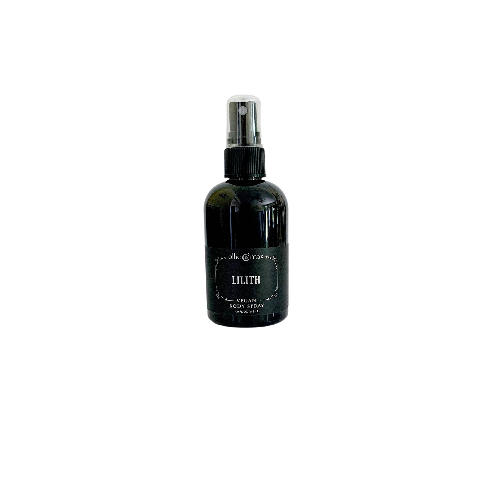 Black spray bottle labeled 'Lilith' on a white background