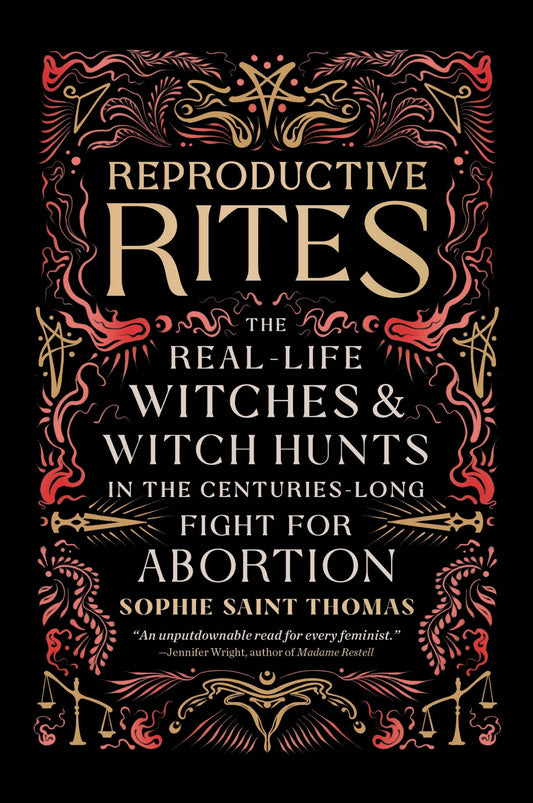 Book cover of 'Reproductive Rites' with decorative text and symbols on a black background