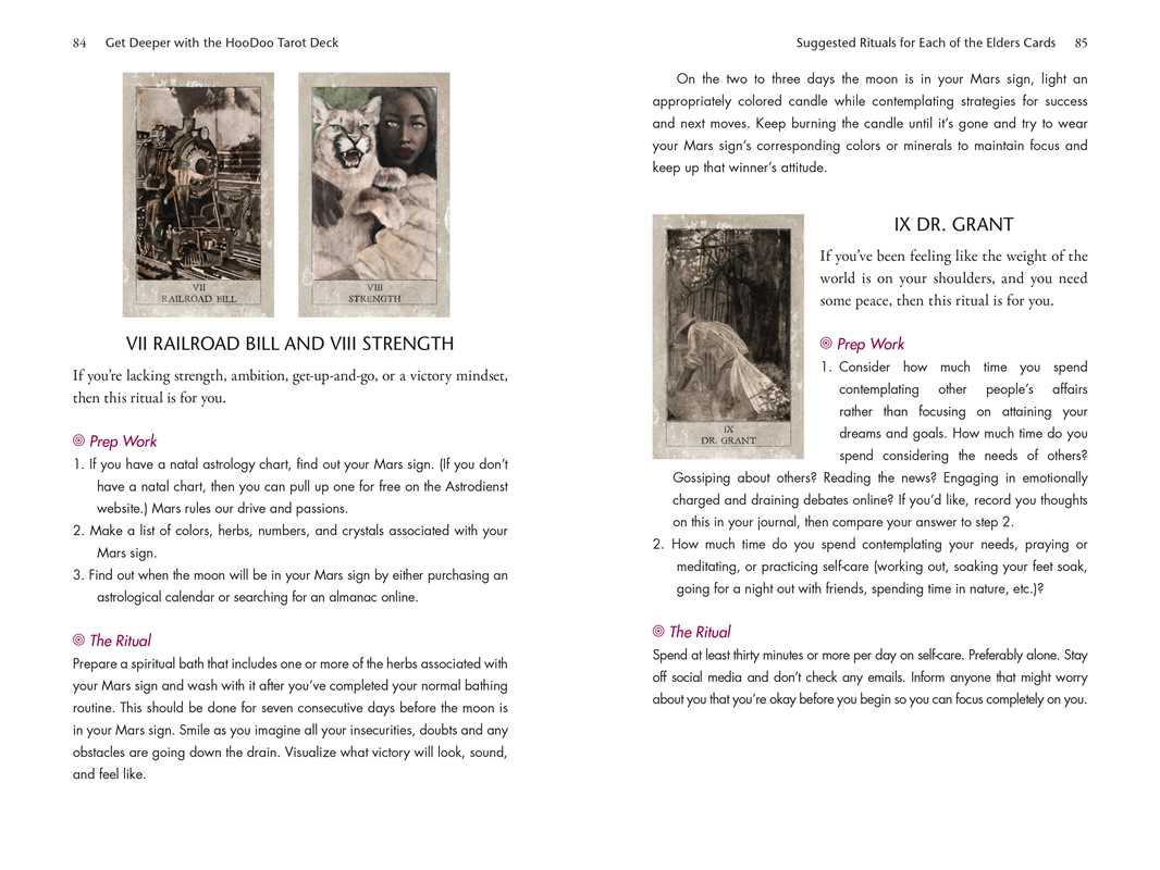 Page from a book or manual with text and images related to tarot cards, specifically focusing on 'Railroad Bill' and 'Strength'.