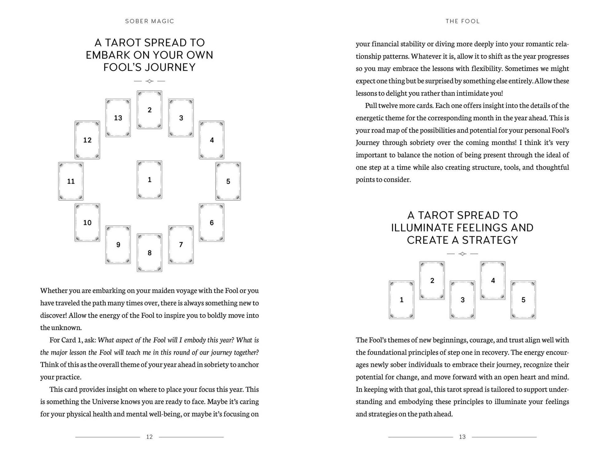 Two pages from Sober Magic book featuring tarot card layouts and text on a white background.