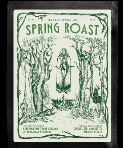 Hexe Coffee Co. Spring Roast coffee packaging with nature-themed design and text.
