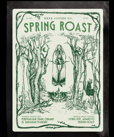 Hexe Coffee Co. Spring Roast coffee packaging with nature-themed design and text.
