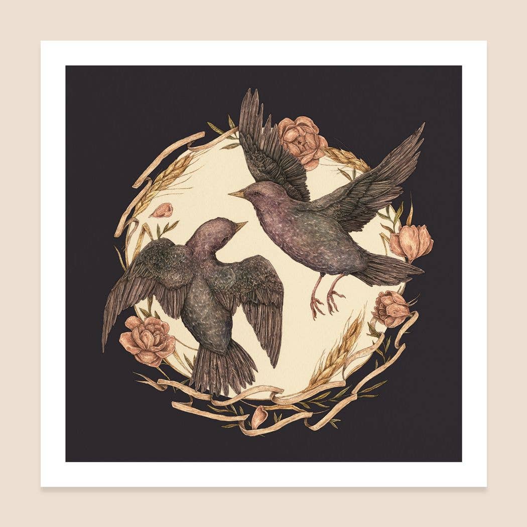 Illustration of two birds with floral elements on a dark background