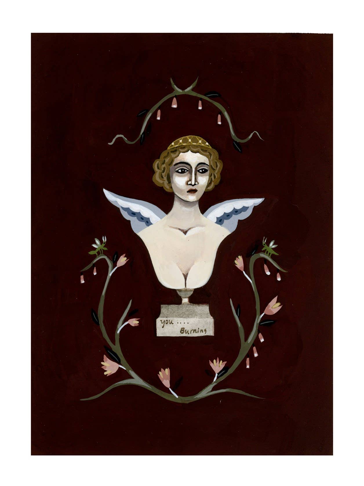 Decorative print with an angelic bust and floral elements on a dark background