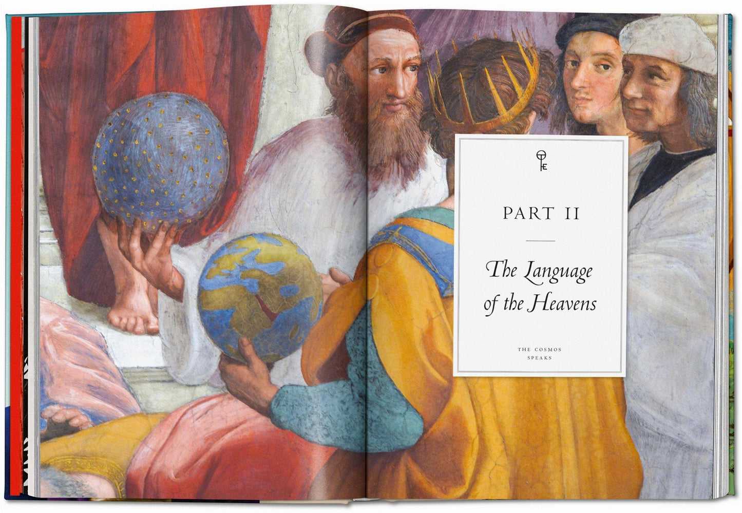 Open book with classical illustration of figures holding celestial spheres, labeled 'Part II: The Language of the Heavens'.