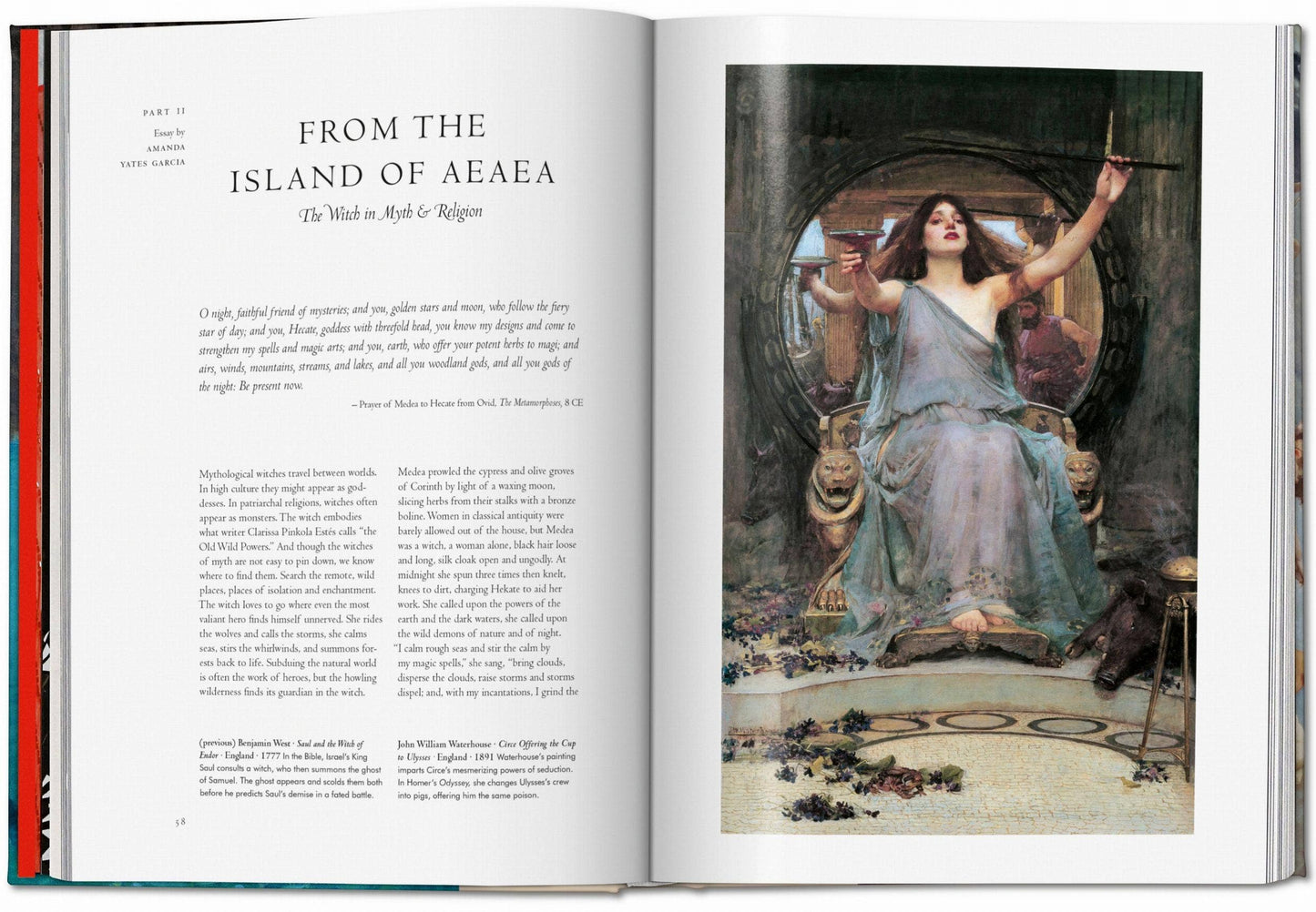 Open book with a painting of a woman on a throne and text on the left page.