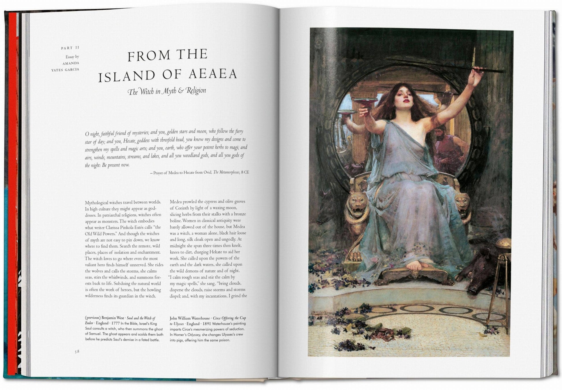 Open book with a painting of a woman on a throne and text on the left page.