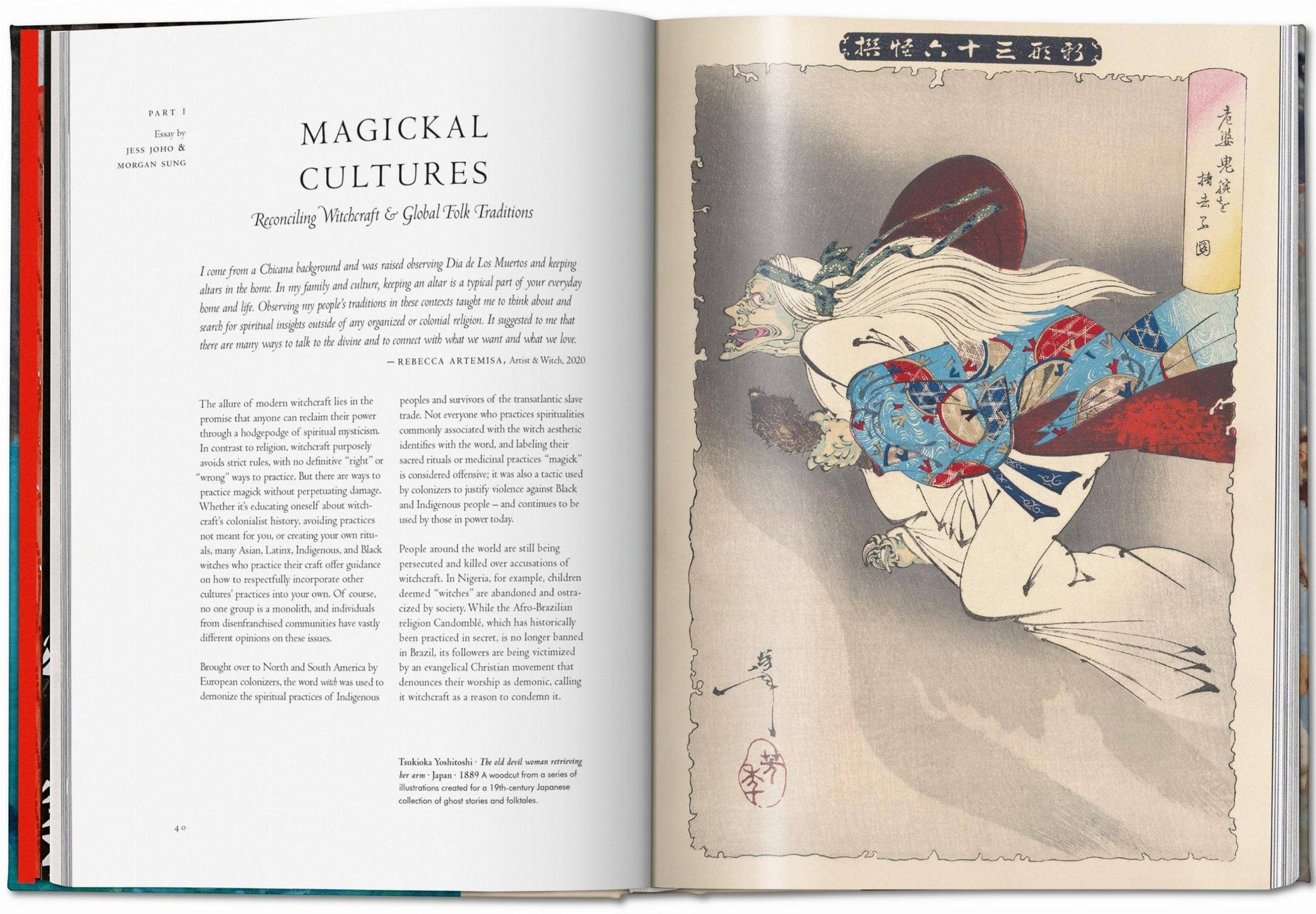 Open book with an illustration of a person in traditional attire on one page and text on the other, set against a white background.