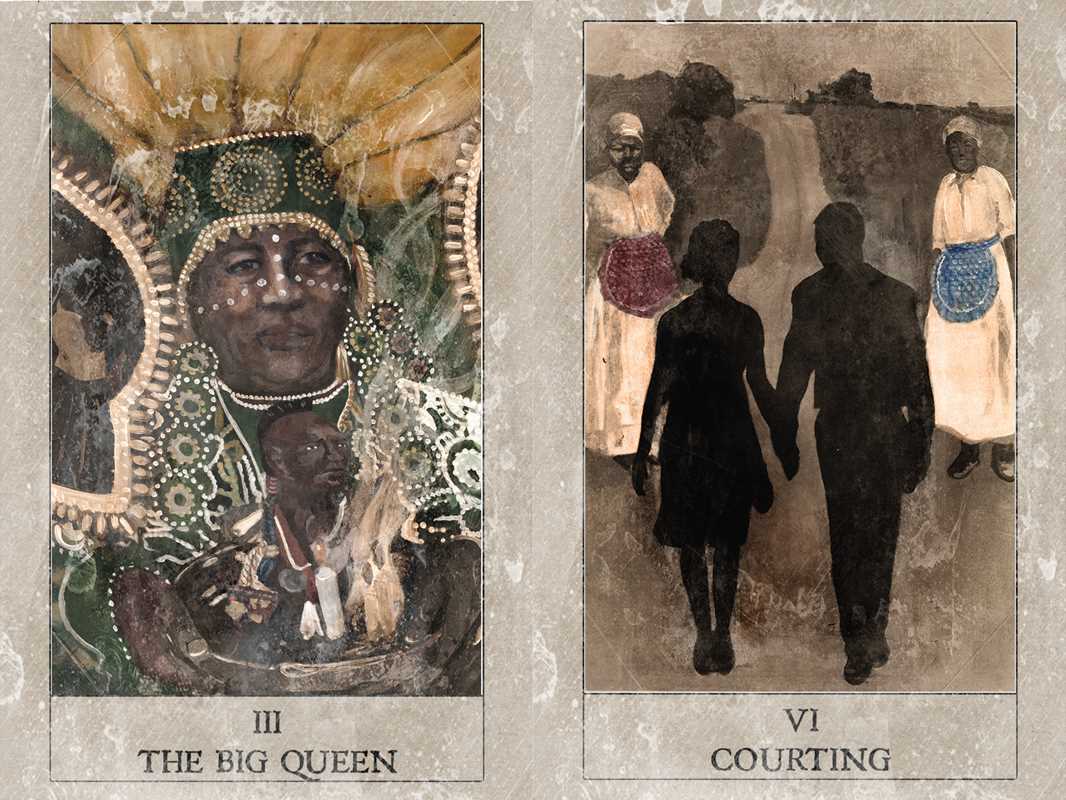 Two tarot cards titled 'The Big Queen' and 'Courting' with detailed illustrations.