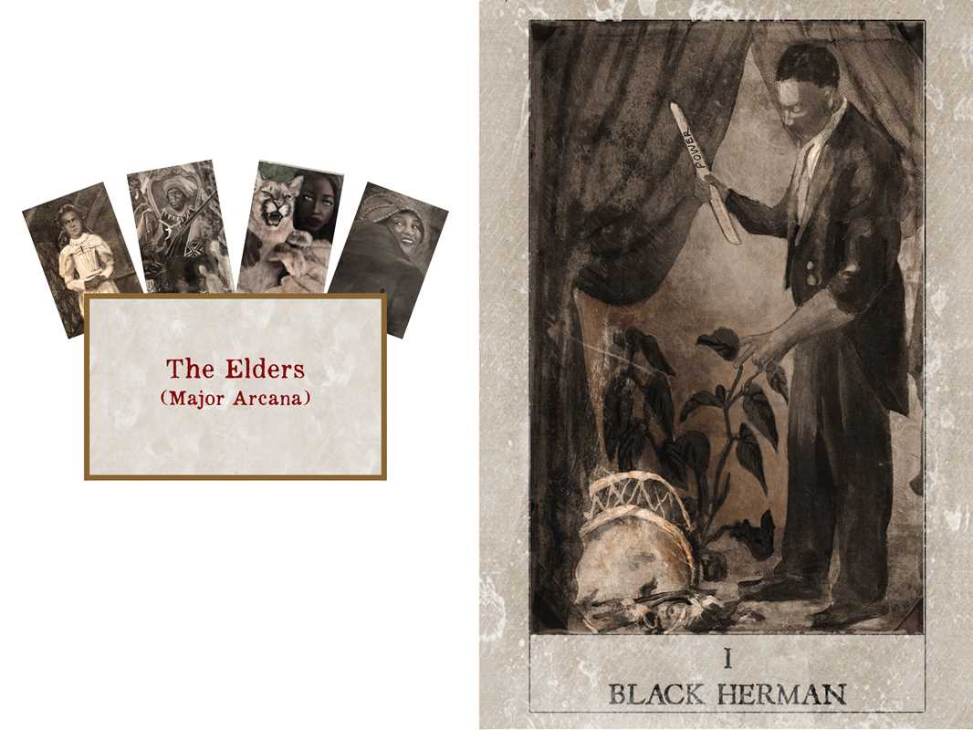 Card from 'The Elders' Major Arcana deck with a figure holding a staff and a skull, labeled 'Black Herman'.