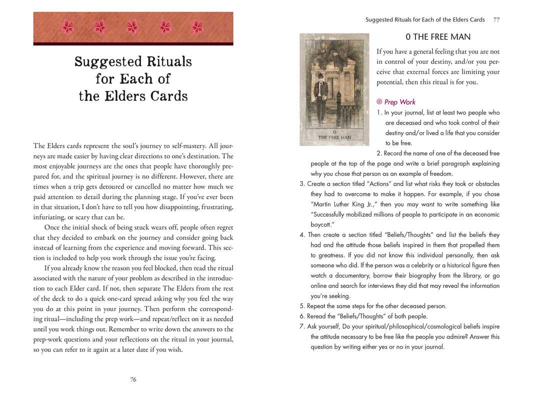 Page from a book titled 'Suggested Rituals for Each of the Elders Cards' with text and an image of a person.