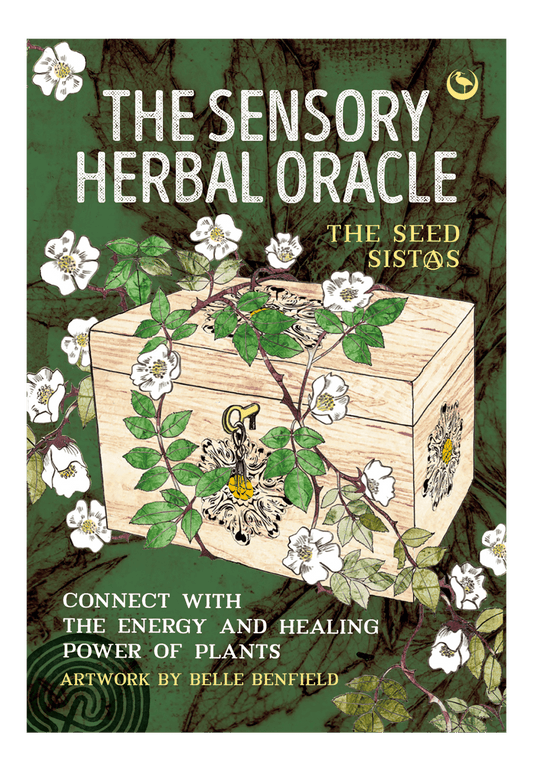 Book cover of 'The Sensory Herbal Oracle' with illustrations of plants and a wooden box.