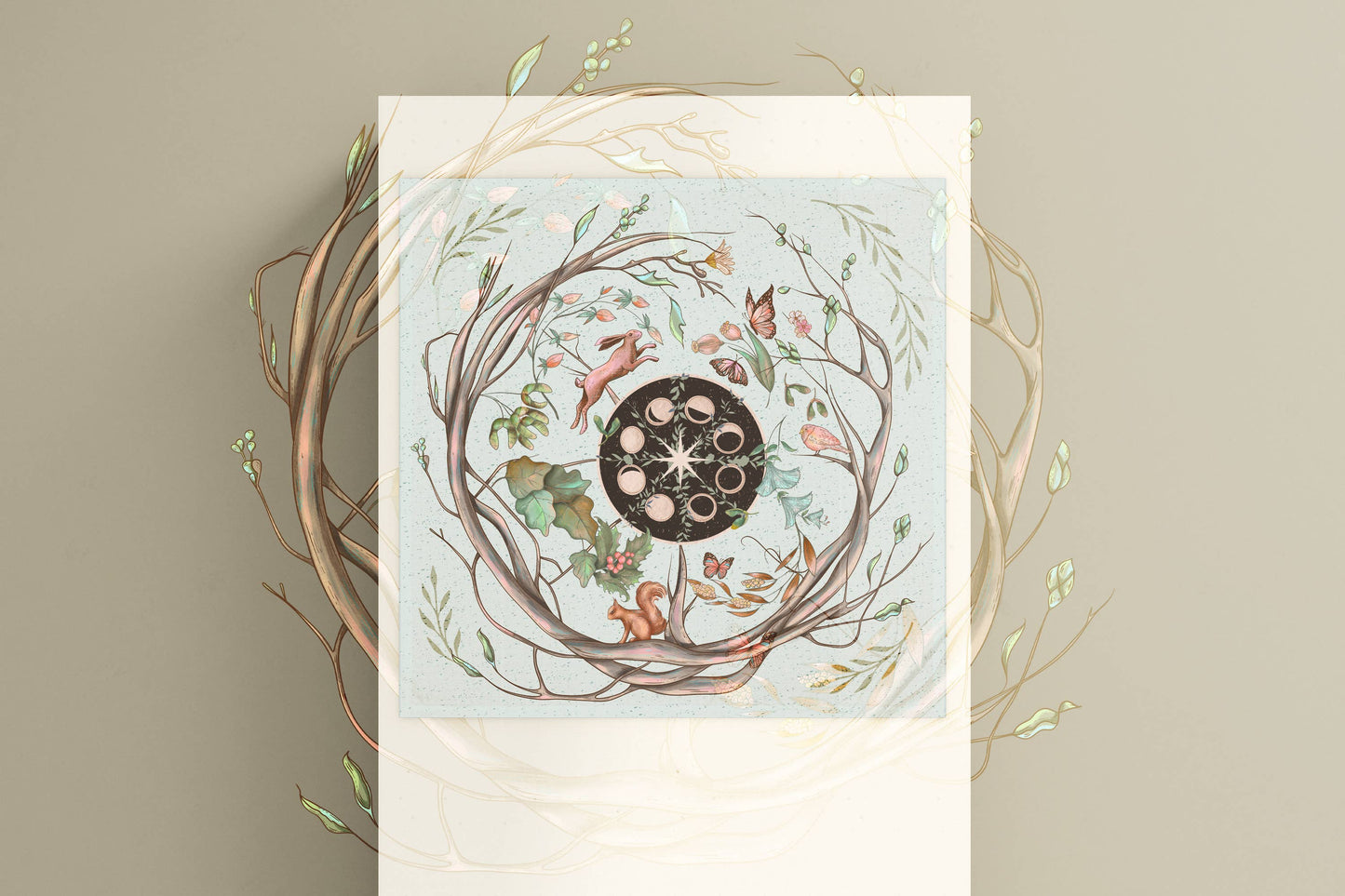 Decorative cloth with nature-themed design on a beige background