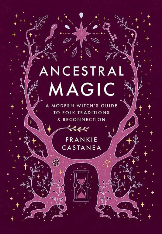 Book cover of 'Ancestral Magic' by Frankie Castanea with decorative elements on a purple background.
