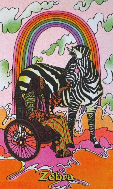 Colorful illustration of a zebra with a rainbow and cloud background