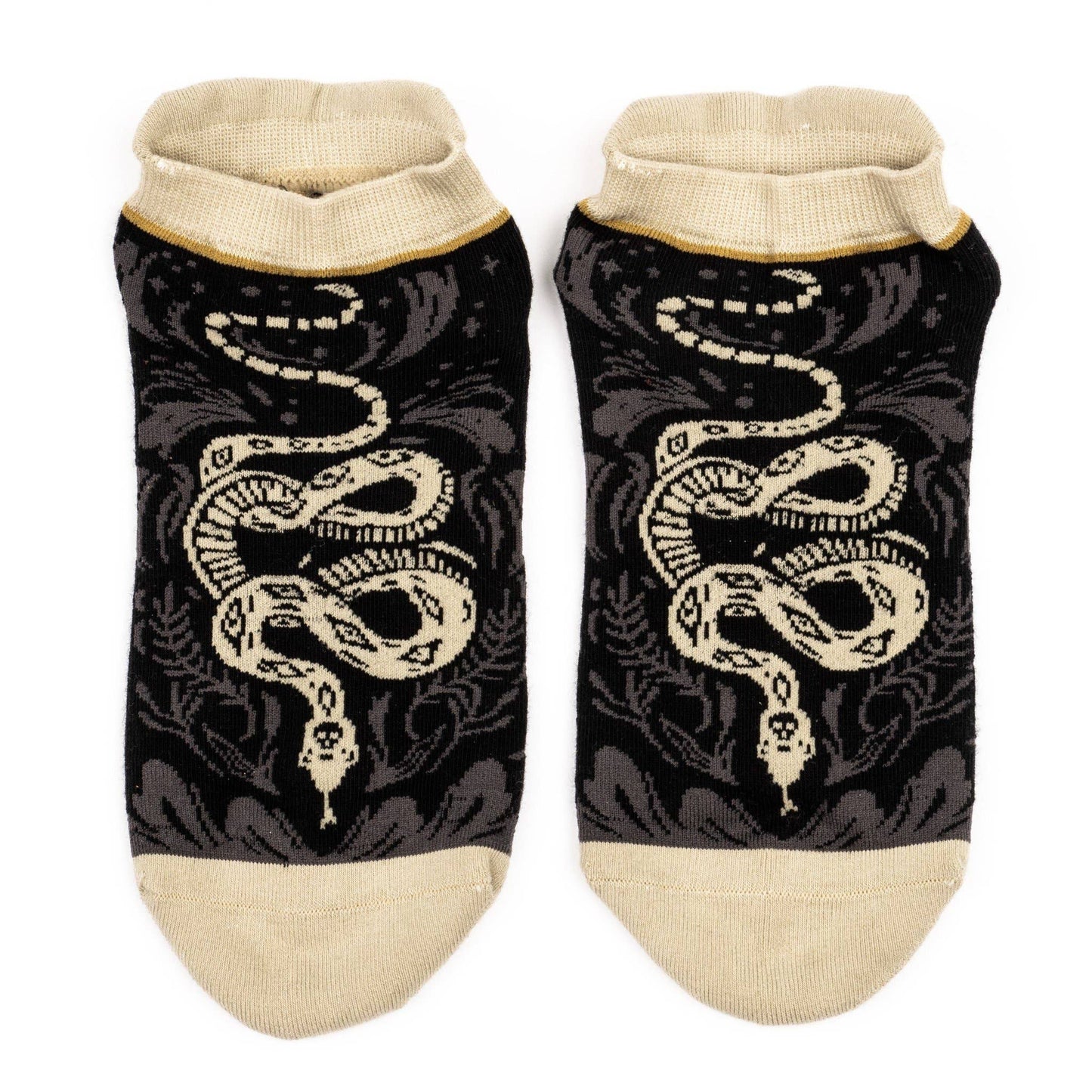 Pair of socks with snake design on a black background