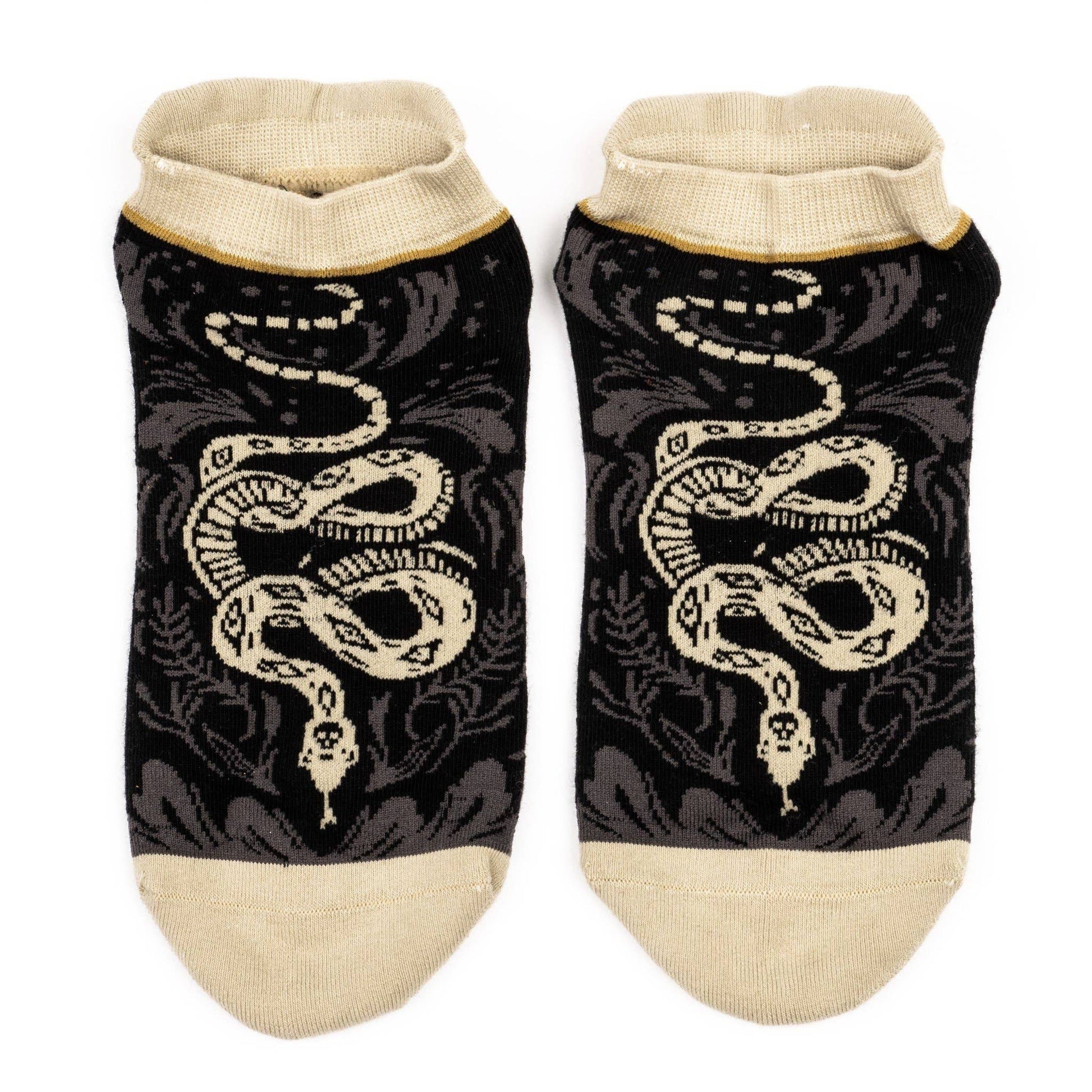 Pair of socks with snake design on a black background
