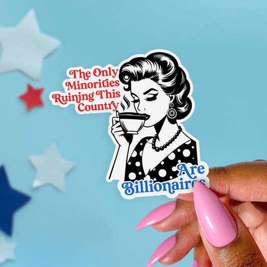 Sticker with a woman holding a coffee cup and text on a blue background with star decorations.