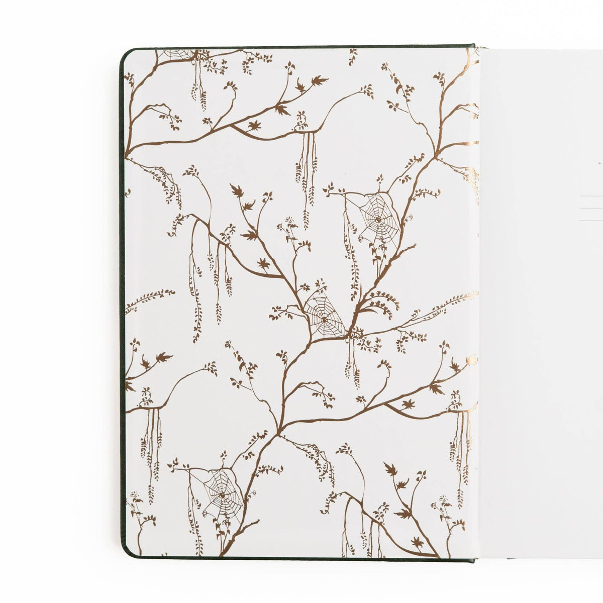 A hardcover notebook with a white cover decorated with a delicate brown botanical pattern of branches, leaves, and hanging flowers, shown open against a white background.