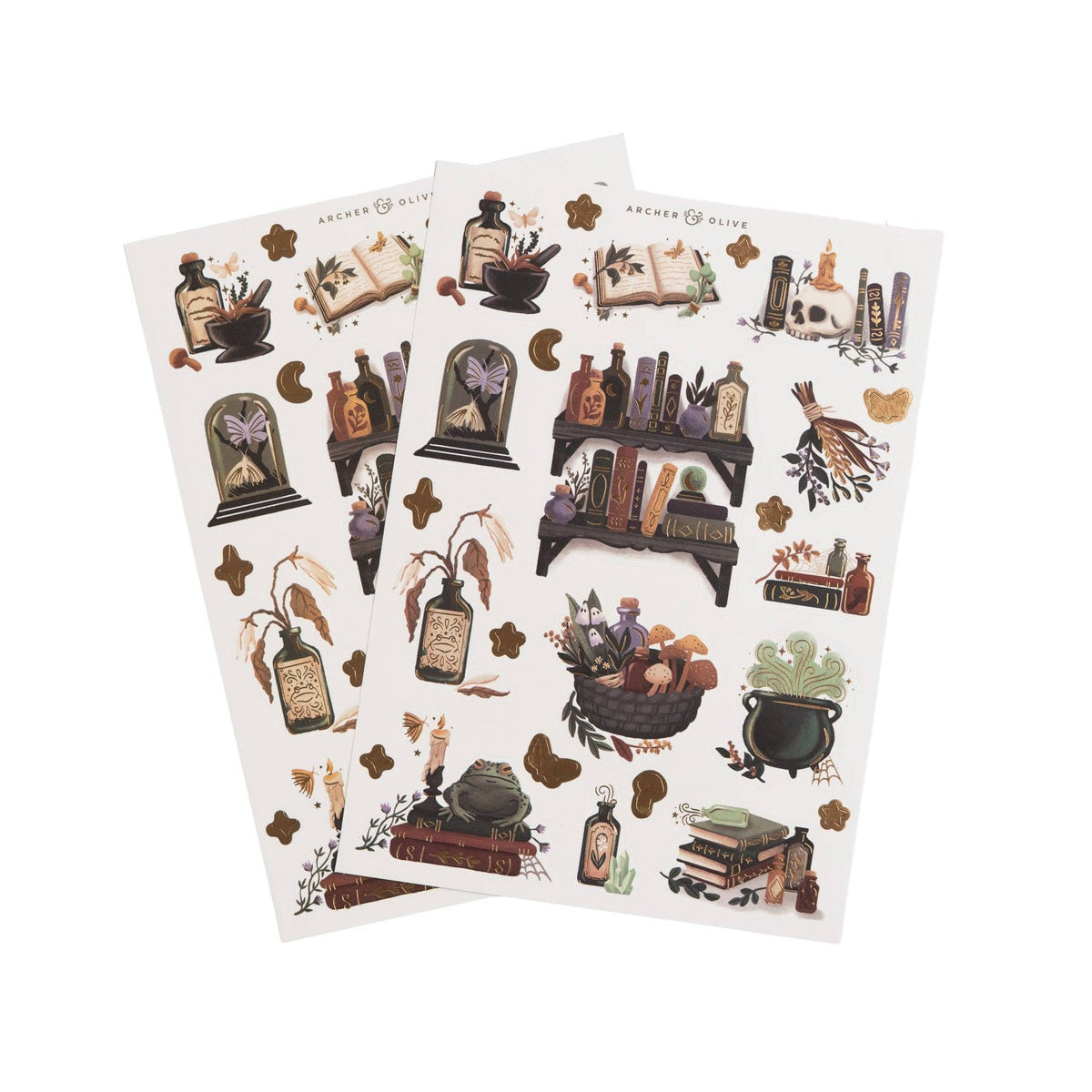 Two sheets of decorative stickers featuring a witchy and potion-themed illustration design, including cauldrons, bottles, books, and dried botanicals, displayed on a clean white background.