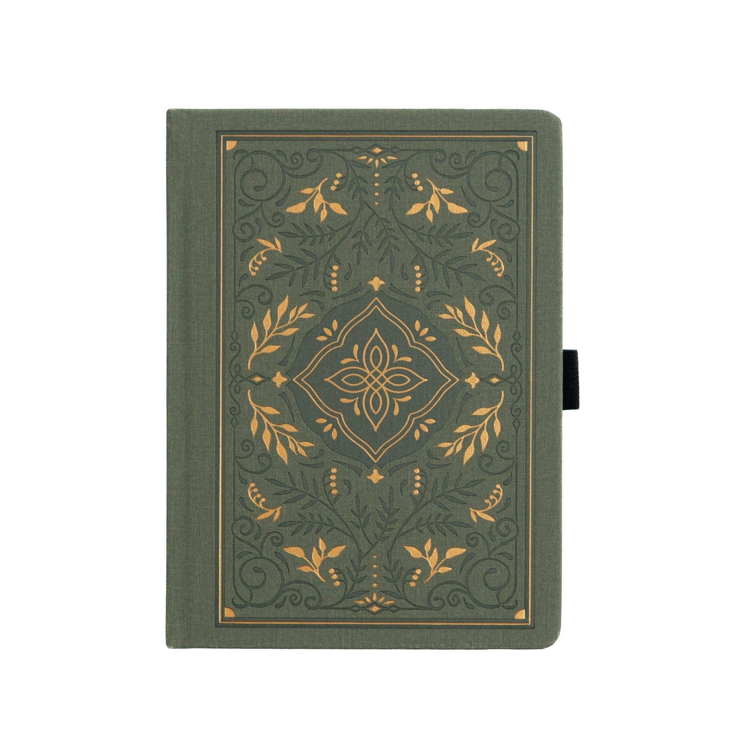 Green notebook with gold decorative patterns on a white background